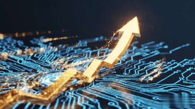 Luminous upward arrow symbol with digital circuit board patterns on a deep blue background representing financial business growth investment success and technological innovation concept.