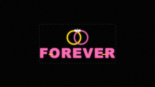 Stylish graphic featuring intertwined wedding rings in gold and pink above the vibrant word 'FOREVER,' symbolizing enduring love, commitment, and lasting partnership in a modern design