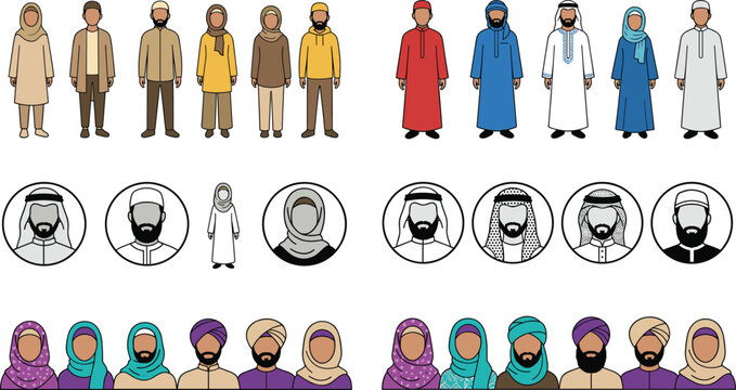 Diverse collection of Muslim and Indian people avatars, Middle Eastern and South Asian characters in traditional clothing, hijabs, and turbans, professional community vector set for stock design.