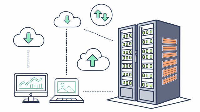 Server rack processes digital information through cloud storage and network connectivity.