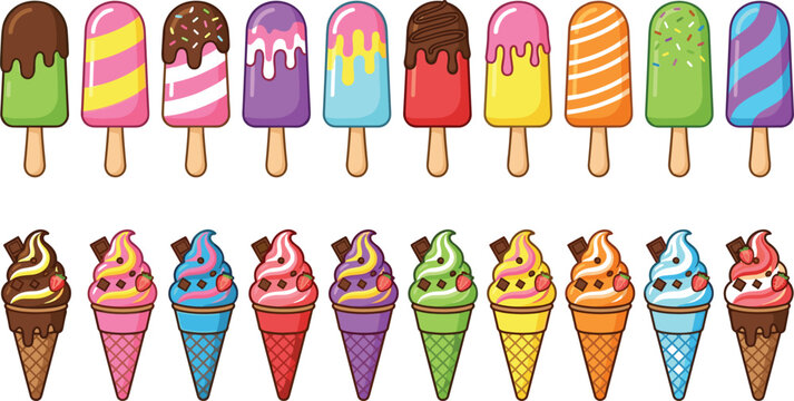 Large collection of colorful ice cream cones and fruit popsicles with chocolate glaze and sprinkles isolated on white background vector illustration.Large collection of colorful ice cream cones and fr