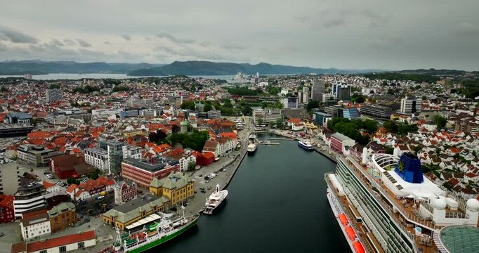 Drone cityscape view over historic old district of Stavanger in Norway