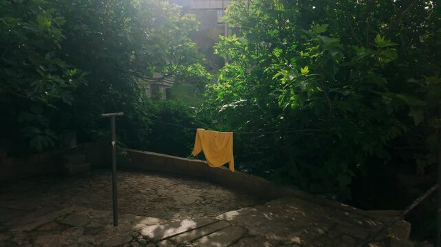 Bright yellow shirt hanging on a clothesline, drying in dappled sunlight amidst a lush, overgrown garden area. Cobblestone steps lead downwards, surrounded by dense green trees and vegetation creat...