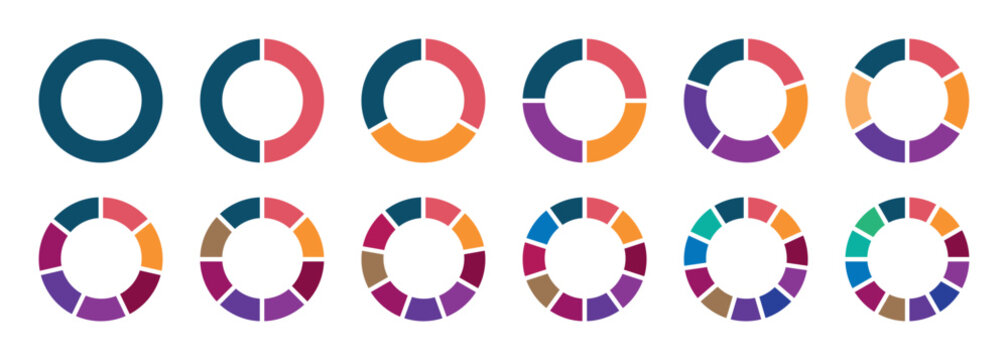 Set of colorful abstract pie charts. Circle section graph. Pie chart set. Pie charts diagrams. Different color circles. donut and pie chart infographic elements set.