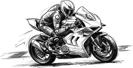 Dynamic hand drawn sketch vector illustration of a professional motorcycle racer leaning into a curve on a fast sportbike. © MDSabbir