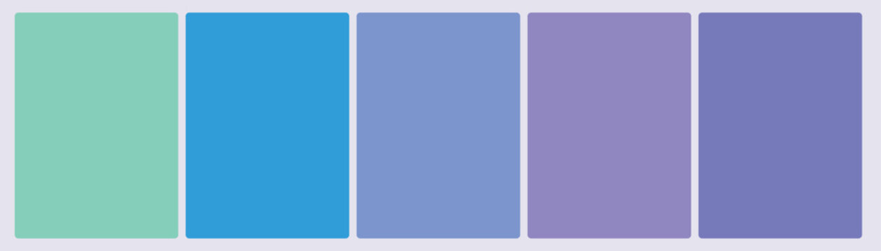 Set of five cool mint to indigo gradient color swatch cards