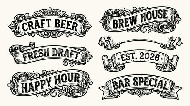 Set of six ornate ribbon banners for craft beer and bar promotions with happy hour and brew house labels