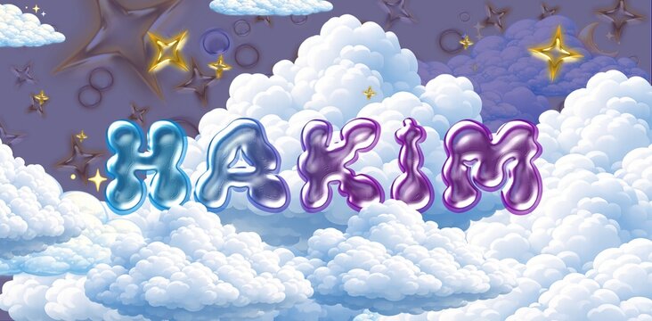 Hakim name. Colorful 3D Cloud Fantasy Background with Glossy Balloon Letters. Dreamy Sky, Stars and Soft Clouds Illustration.