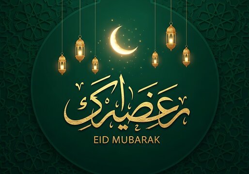 Eid mubarak greeting with lanterns and crescent moon on green background