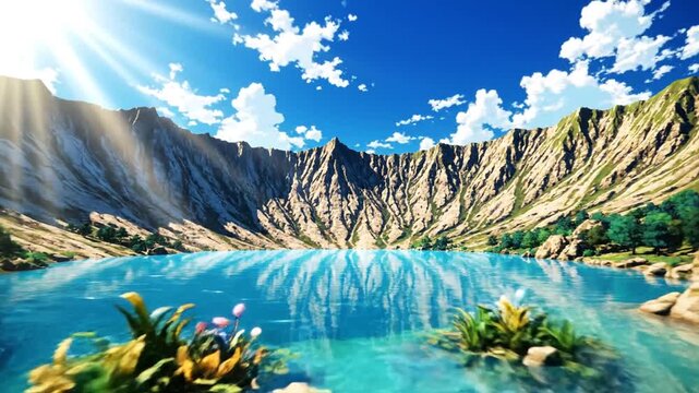 Anime style landscape of mountain crater lake under bright sun
