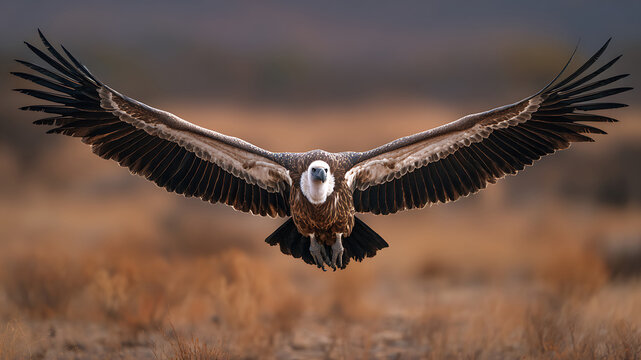 Majestic Griffon Vulture in Symmetrical Low Flight with an Intense, Direct Gaze