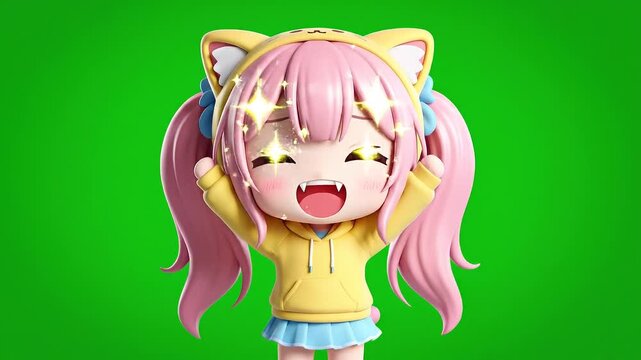 A Cute chibi character, a meme cartoon reaction with a green screen animation background, expressing joy and excitement