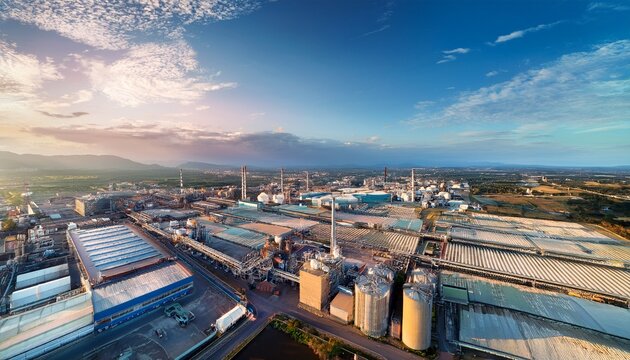 aerial view of a large factory complex and industrial zone for economic development background