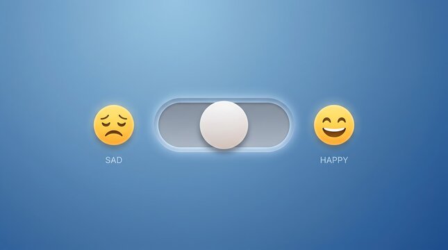 Simple toggle switch interface element with a slider in the middle representing the choice between a sad face icon and a happy face icon on a smooth blue gradient background