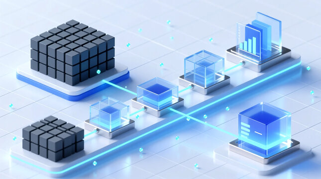Dynamic 3D isometric illustration depicting data transformation and analytics flow within modern digital Cloud Computing Pipeline environment processing raw to insight