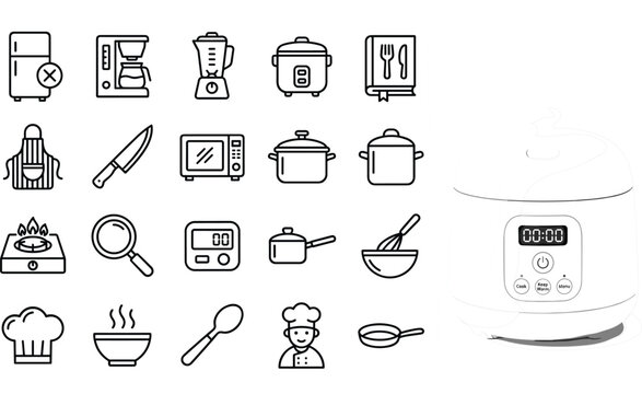 Kitchenware and Cooking Line Icon Set Featuring Appliances Culinary Tools and Chef Symbols for Restaurant Menu Design Vector Illustration, 18 words.
