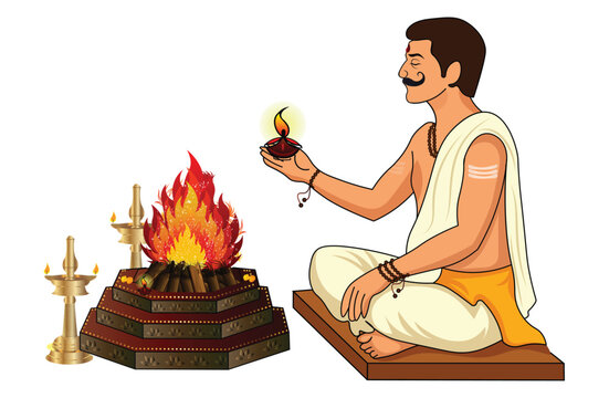 Hindu Pandit Performing Havan Fire Ritual Vector Illustration