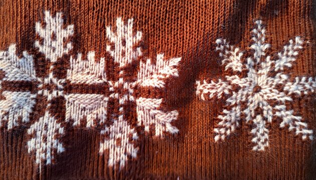close up view of a knitted sweater with snowflake patterns showing texture and detail
