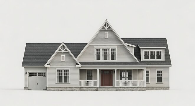 Large white house with dark roof and brown door