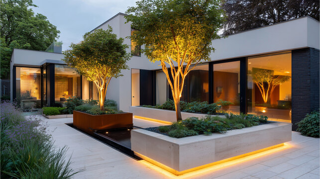real photography of an exclusive contemporary urban courtyard garden behind a modernist Dutch villa, minimalist architectural design, large-format travertine paving in warm cream t