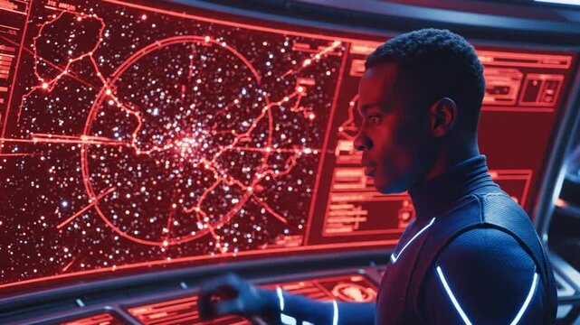 Astronaut monitoring digital star map on spaceship command bridge