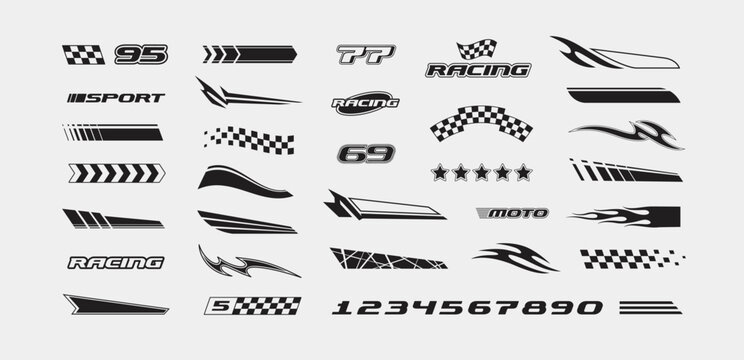 Racing graphics and motorsport signs. Set of Racing stripes, sports numbers, flames decals, dynamic elements. Sport graphics for racing Car, banners, stickers and decals design editable vector 