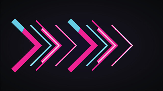 Abstract neon glowing arrow shapes moving in a seamless loop on a dark background, motion graphic design element