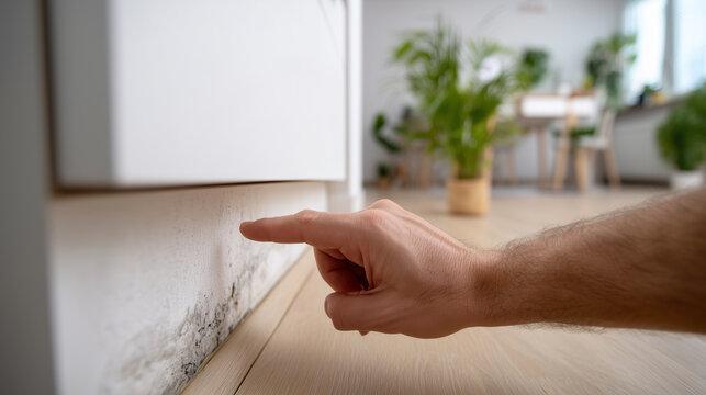 A close-up, realistic view of a white wall in a lived-in modern home, seen from a low angle near the floor in a corner perspective, camera looking upward along the wall, focus on t