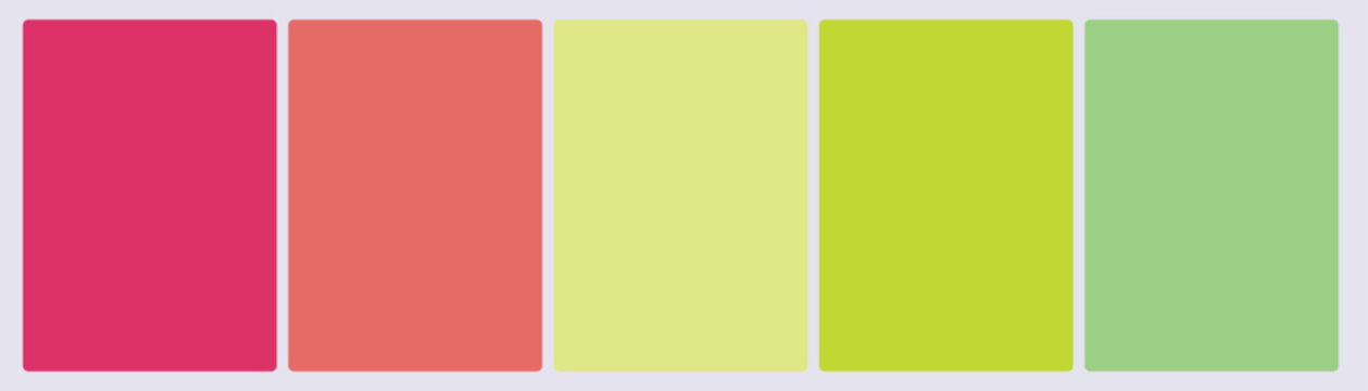 Set of five contrasting color swatch cards from crimson to chartreuse green