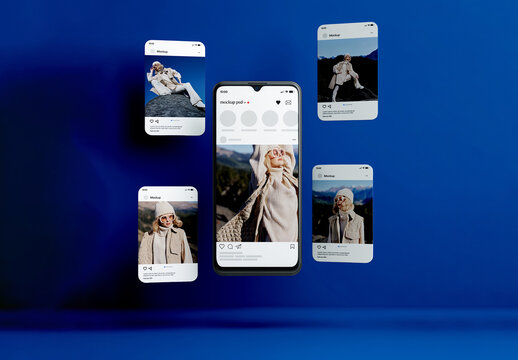 Social Media Smartphone Screens Floating Layout Mockup