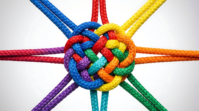 Colorful intertwined ropes forming a knot on a white background