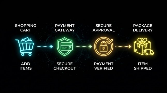 E commerce process flow diagram showing shopping cart payment gateway with secure checkout and approval leading to package delivery with item shipped all depicted with vibrant