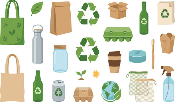 Zero waste and recycling items set including bags, bottles, boxes, and earth icon