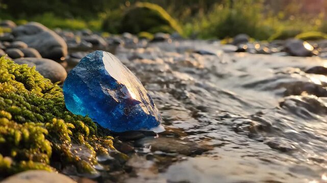 A vivid blue gem rests on a mossy stream's edge, surrounded by smooth stones and sunlight filtering through trees