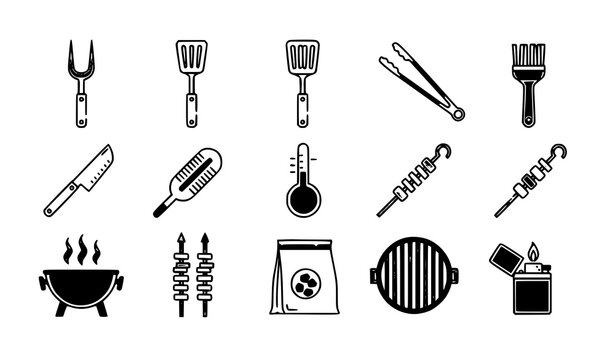 Grilling utensil icon vector set with barbecue tools and outdoor cooking symbols