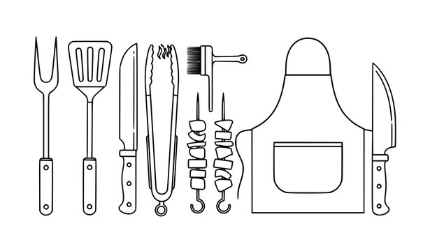 BBQ utensils outline vector set grilling tools barbecue cooking equipment illustration