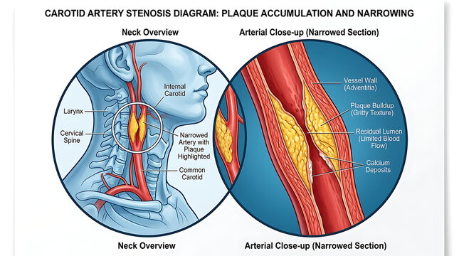 Carotid artery stenosis illustration plaque accumulation narrowing and residual lumen depiction