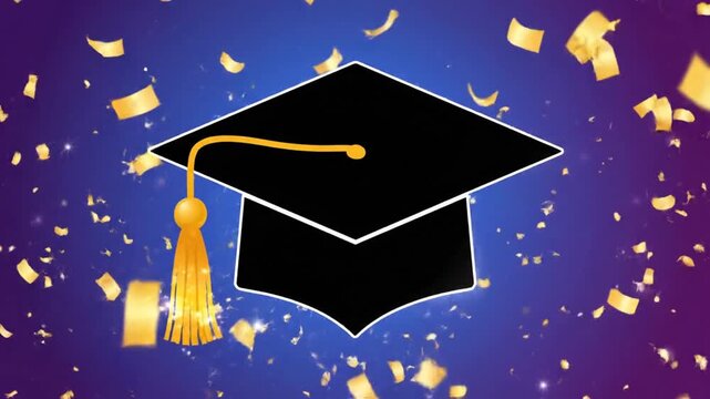 Black graduation cap with gold tassel and sparkling confetti background