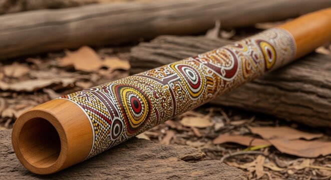 Intricately decorated Aboriginal didgeridoo resting on natural wooden surface showcasing rich cultural artistry