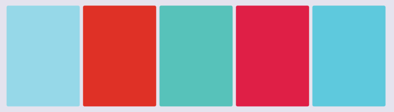 Set of five teal cyan and fire red dramatic complementary color swatch cards