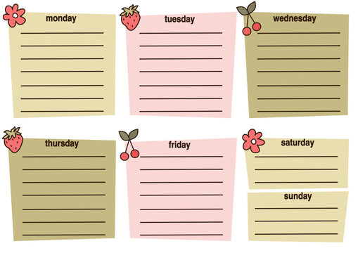 Cute hand drawn vector pastel green and pink printable weekly planner template with red fruits and daisy flowers