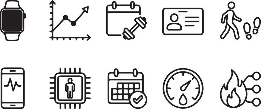 Black line icons of technology and business