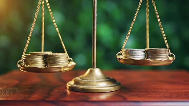 Brass scale balancing gold and silver coins on wood