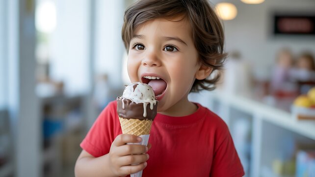 Smiling young boy with chocolate and vanilla ice cream cone ready for a big bite