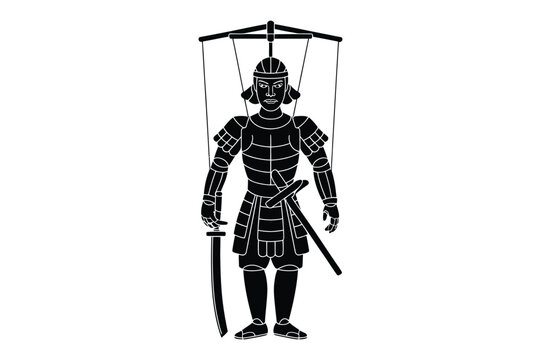 Traditional japanese samurai warrior puppet in armor with banner silhouette