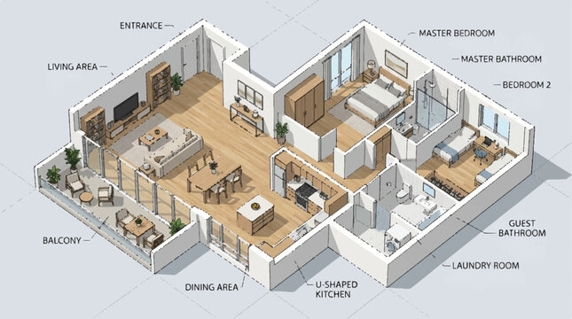 Detailed illustration of a modern apartment interior showing multiple rooms and balcony layout.
