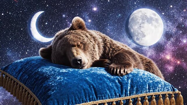 Brown bear sleeping on blue pillow in starry night sky