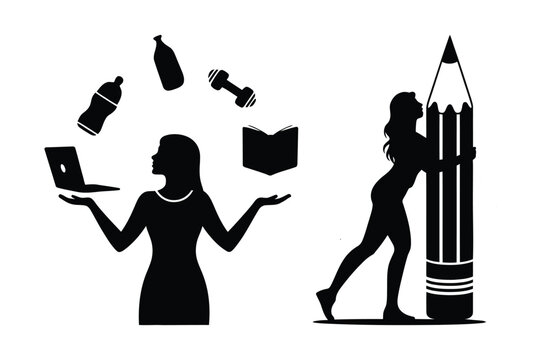 Woman juggling multitasking items and leaning on giant pencil silhouette