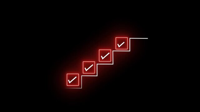 Neon glowing staircase progress bar animation with checkmarks representing business success, task completion, milestone achievement, growth strategy, and corporate goal tracking on black background