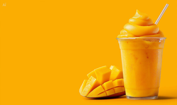 Fresh mango slush on orange background and branding space